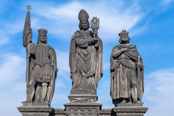 The statues of Saints Norbert, Wenceslaus and Sigismund on the Charles bridge in Prague