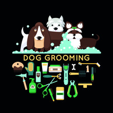 Round Banner With Grooming Dogs ( Basset Hound, Yorkshire Terrier, West Highland White Terrier) And Tools With The Inscription. Vector Modern Poster In Flat Style On A Black Background.