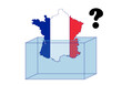 Elecciones en Francia, silueta del mapa de Francia con su bandera a modo de papeleta electoral introduciéndose en la urna y con una interrogación a modo de incertidumbre