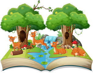 Wall Mural - storybook with deers in forest