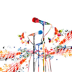Wall Mural - Colorful musical poster with microphones vector illustration. Live concert events, music festivals and shows background, karaoke party flyer with musical notes and microphones