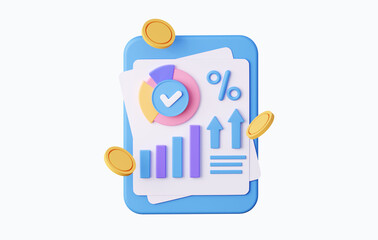 Poster - 3d graphical analysis with finances on a sheet. Financial report on Marketing and Investment with gold coins. 3D rendering isolated on white background