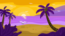 Summer Beach Landscape Vector Illustration. Flat Tropical Marine Background With Palm Trees, Seagulls Sunset And Ocean. Warm Evening At Sea, Yellow Sky And Seascape, Sea Scene