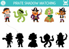 Pirate shadow matching activity. Treasure island hunt puzzle with cute pirates, mermaid, octopus. Find correct silhouette printable worksheet or game. Sea adventures page for kids.