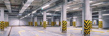 Empty Shopping Mall Underground Parking Lot Or Garage Interior With Concrete Stripe Painted Columns