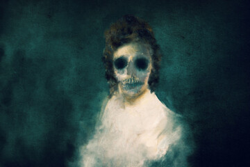 A horror concept of a classical portrait of a female zombie with a skull like face and a black sunken eyes. On a dark background.