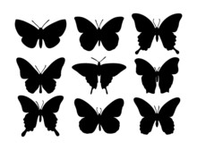A Set Of Butterflies In Silhouette Style On A White Background For Printing And Design. Vector Illustration.