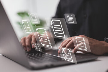 Fototapete - Concept for an online documentation database and document management system. To manage files more efficiently, use process automation.