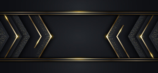 Wall Mural - Modern luxury banner template design black arrow triangles and golden glitter 3D gold stripes line light sparking on dark background