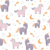 Fototapeta Pokój dzieciecy - nursery seamless pattern with unicorns and stars on white background. Good for posters, prints, wrapping paper, textile, banners, etc. EPS 10