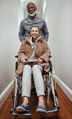 Poster - Were all smiles this side. Full length shot of a senior man pushing his wheelchair-bound wife through the house.