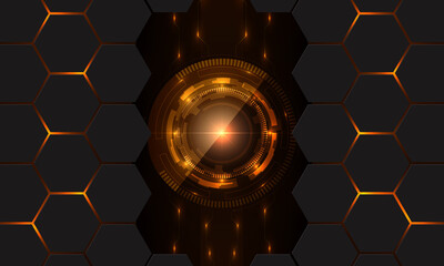Poster - Abstract vector innovation technology concept background with circuit board and hexagonal grid. Orange bright energy flashes under hexagon. Circuit board HUD interface futuristic technology background