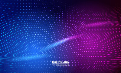 Poster - Abstract technology digital a blue and pink circle particle dots wave in vector background. Hi tech particles wire network concept. Futuristic technology science artificial intelligence background.