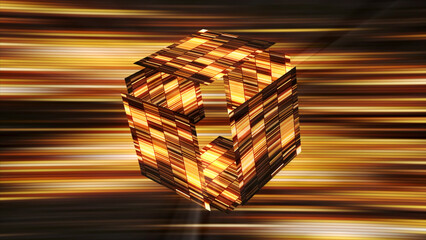 Aufkleber - Glowing striped cube in cyberspace. Motion. Shining colorful cube is divided into parts and assembled. Empty cyber cube in virtual space