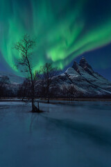 A beautiful show of Northern Lights above the imposing peaks of Otertinden. That night there was also moonlight so the landscape and the mountain were also nicely illuminated.