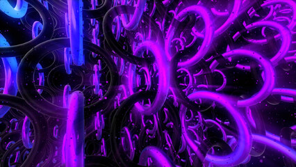 Poster - Background. Motion. Bright rings with shades of green and purple color fastened together are spinning in different directions.