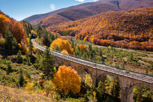 Railway With A Tunnel On Bridge Passing In Autumn Forest In Mountains