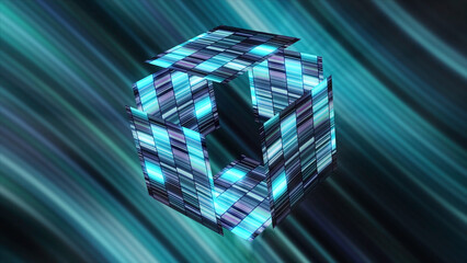 Aufkleber - Glowing striped cube in cyberspace. Motion. Shining colorful cube is divided into parts and assembled. Empty cyber cube in virtual space