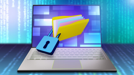 Poster - Protection electronic data. Security of electronic information. Laptop with padlock. Data protection software concept. Confidentiality of personal data on computer. Protection from hackers. 3d image