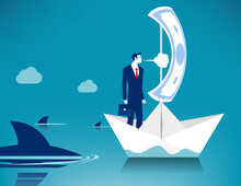 Blow The Boat Away From The Sharks. Business Vector Illustration Concept