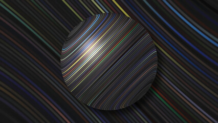 Poster - 3D ball with multicolored stripes. Motion. Ball with shimmering stripes repeating on background. Striped ball with glare on background of shimmering lines