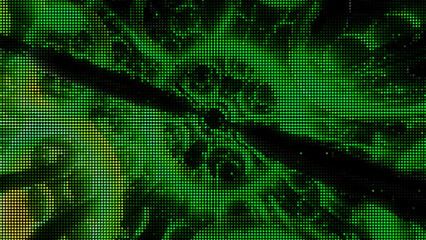 Poster - Background. Motion. Bright rings with shades of green and purple color fastened together are spinning in different directions.