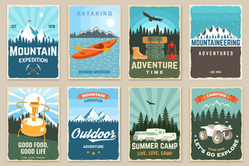 Wall Mural - Set of camping retro posters. Vector. Outdoor adventure. Vintage typography design with backpack, motor home, camping tent, trailer, forest and camper silhouette.