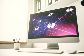 Aufkleber - Creative abstract question mark sketch on modern laptop monitor, FAQ and research concept. 3D Rendering