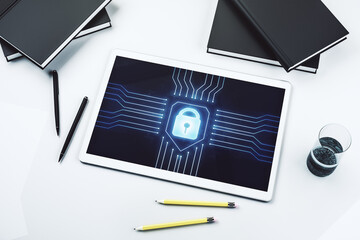 Poster - Creative idea concept with lock symbol and microcircuit illustration on modern digital tablet screen. Protection and firewall concept. Top view. 3D Rendering