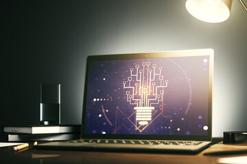 Aufkleber - Creative idea concept with light bulb and microcircuit illustration on modern laptop screen. Neural networks and machine learning concept. 3D Rendering