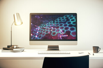 Poster - Modern computer monitor with technology hologram with hexagon. Research and development software concept. 3D Rendering