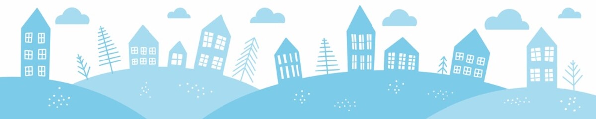 European Christmas houses hand-drawn, horizontal vector illustration