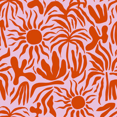 seamless abstract pattern with sun, palm tree, leaves. summer sunset texture. vector illustration