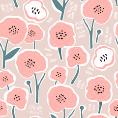 Seamless hand drawn floral pattern in pink pastel colors and hand drawn textures. Great for fabric and textile. Vector Illustration