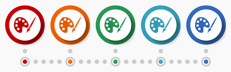 Aufkleber - Painting palette concept vector icon set, infographic template, flat design colorful web buttons in 5 color options