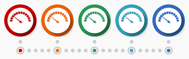 Poster - Speed meter concept vector icon set, infographic template, flat design colorful web buttons in 5 color options