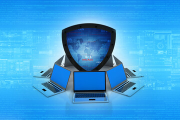 Poster - laptop with shield. Isolated 3d rendering image
