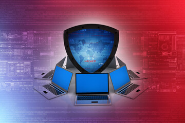 Poster - laptop with shield. Isolated 3d rendering image
