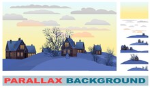 Village. Set For Parallax Effect. Rural Houses In Winter. Christmas Evening. Quiet Frosty Evening. Gable Roof Is Covered With Snow. Nice And Cozy Countryside Landscape. Flat Cartoon Style. Vector Art