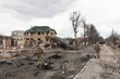 BUCHA, UKRAINE - Apr. 06, 2022: War in Ukraine. Chaos and devastation on the streets of Bucha as a result of the attack of Russian invaders