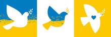 Pigeon With Olive Brunch, Symbol Of Peace In Ukraine. Vector Illustration, Flat Design. Concept With Ukrainian National Flag.