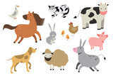 Fototapeta  - Farm animals set in flat style isolated on white background. Vector illustration. Cute cartoon animals collection sheep, goat, cow, donkey, horse, pig, cat, dog, duck, goose, chicken, EPS