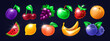 Casino slot fruit icon set, vector gambling machine item kit, shiny Vegas strawberry, lucky cherry, orange. Online mobile app 3D cartoon UI badge, watermelon, plum, banana. Slot fruit collection