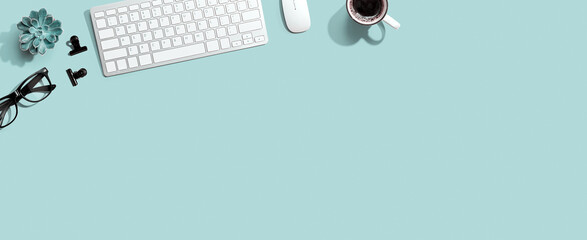 Aufkleber - Computer keyboard with a cup of coffee and eyeglasses - flat lay
