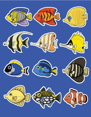 Coral reef fish. Freshwater aquarium fish icon set cartoon style isolated on blue. Vector illustration