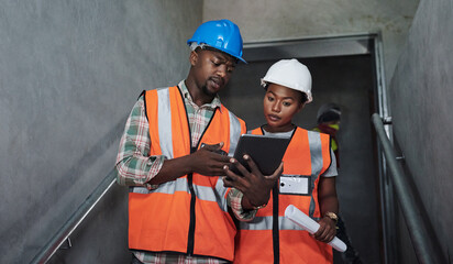 Poster - The construction crew doing what they were born to do. Shot of a young man and woman using a digital tablet while working at a construction site.