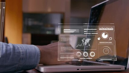 Poster - Animation of financial data processing over businessmen using laptop