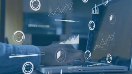 Poster - Animation of financial data processing over businessmen using laptop