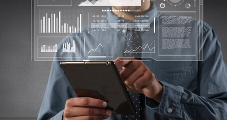 Poster - Animation of financial data processing over businesswomen using tablet