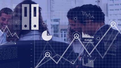 Poster - Animation of financial data processing over diverse group of business people